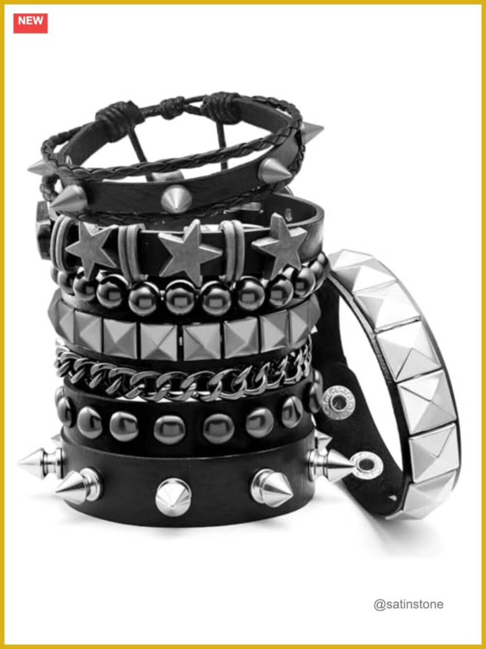 6 Pc Punk Rock Spiked Studded Bracelets Set Alloy Faux Leather Cuff Wristband